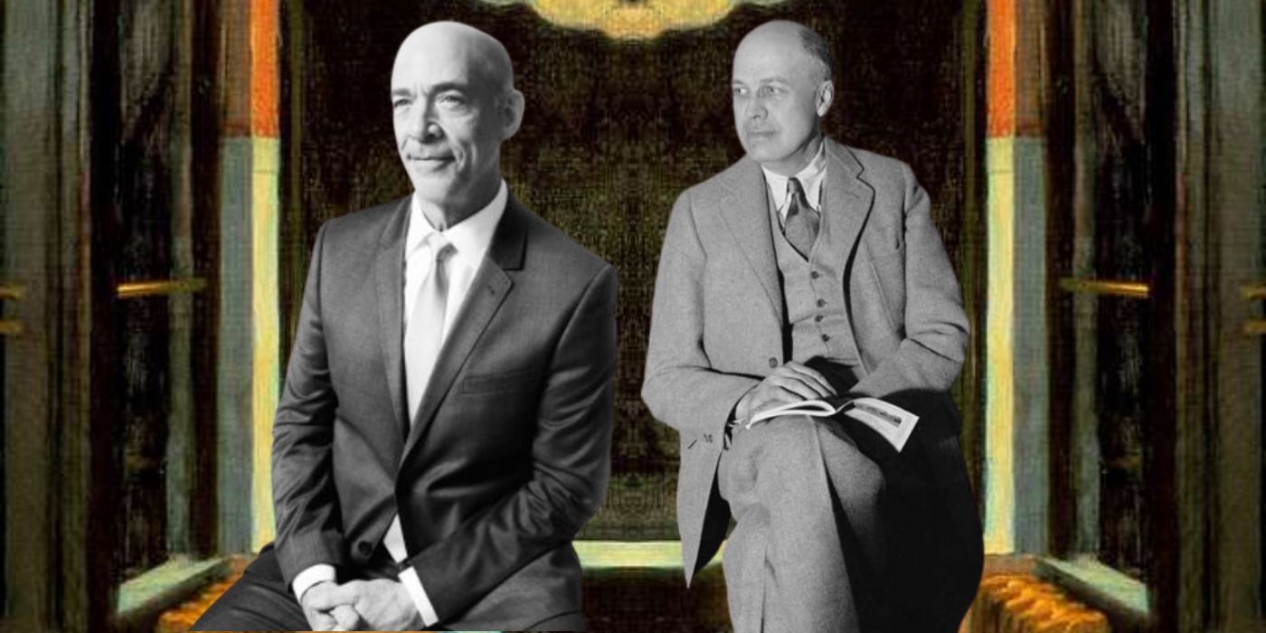 J.K. Simmons sitting in black and white with an Edward Hopper backdrop, next to a black and white Edward Hopper sitting in his painting Automat