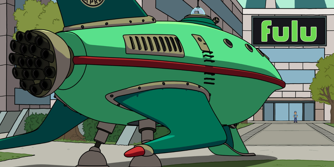 The green planet express ship is parked in front of a building with a bright green Fulu logo.