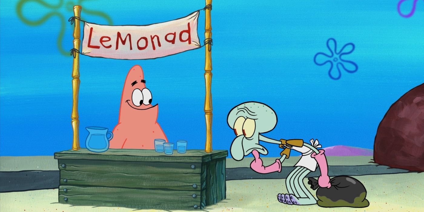 Squidward looking at Patrick's lemonade stand in 