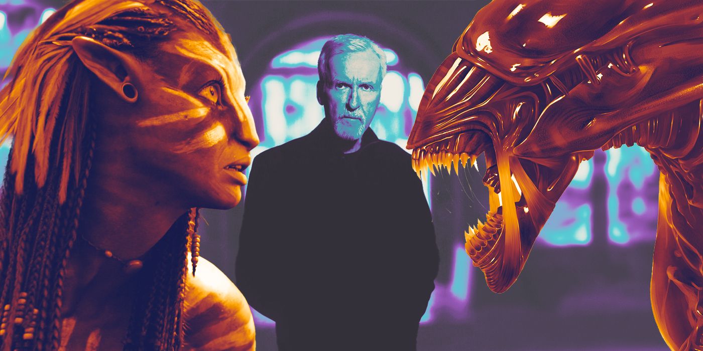 An edited image of James Cameron, with Avatar's Neytiri on one side of him and Aliens' Xenomorph on the other