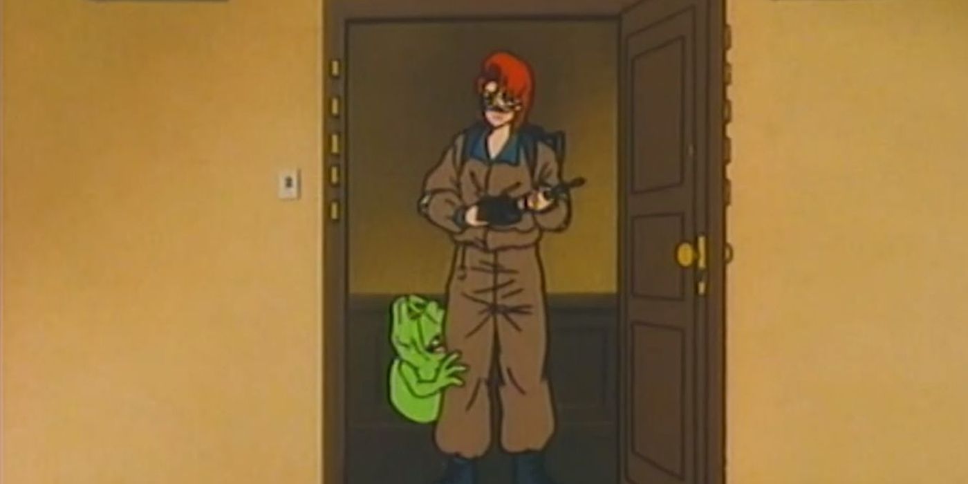 Slimer and Janine stand in a doorway in The Real Ghostbusters