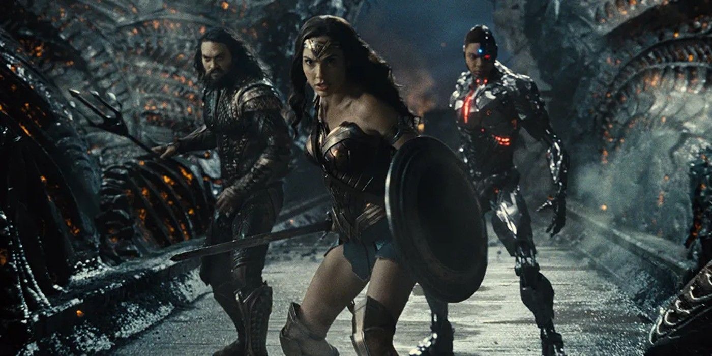 Jason Momoa as Aquaman, Gal Gadot as Wonder Woman, and Ray Fisher as Cyborg in Zack Snyder's Justice League (2021)