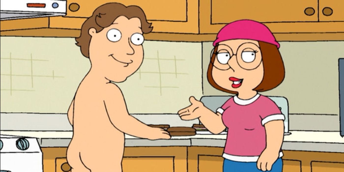 Jeff Campbell and Meg stand in kitchen on Family Guy