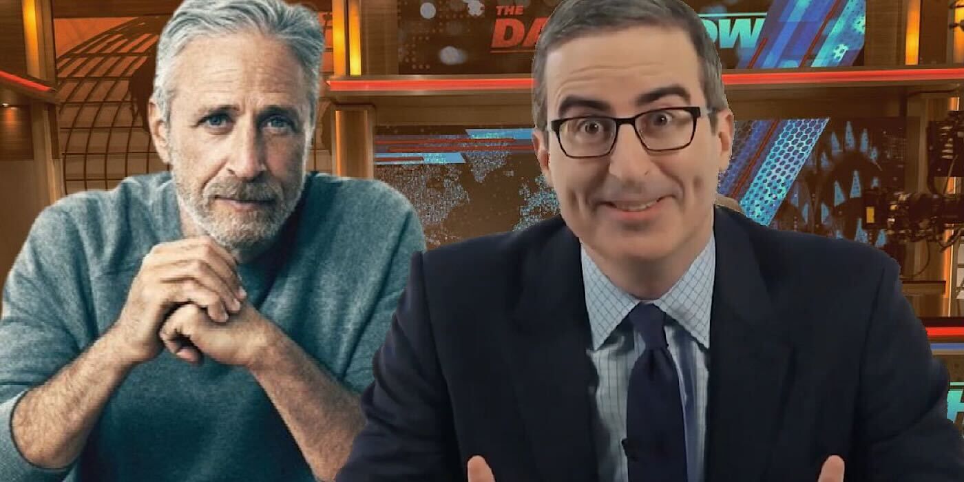 Jon Stewart and John Oliver on a The Daily Show background