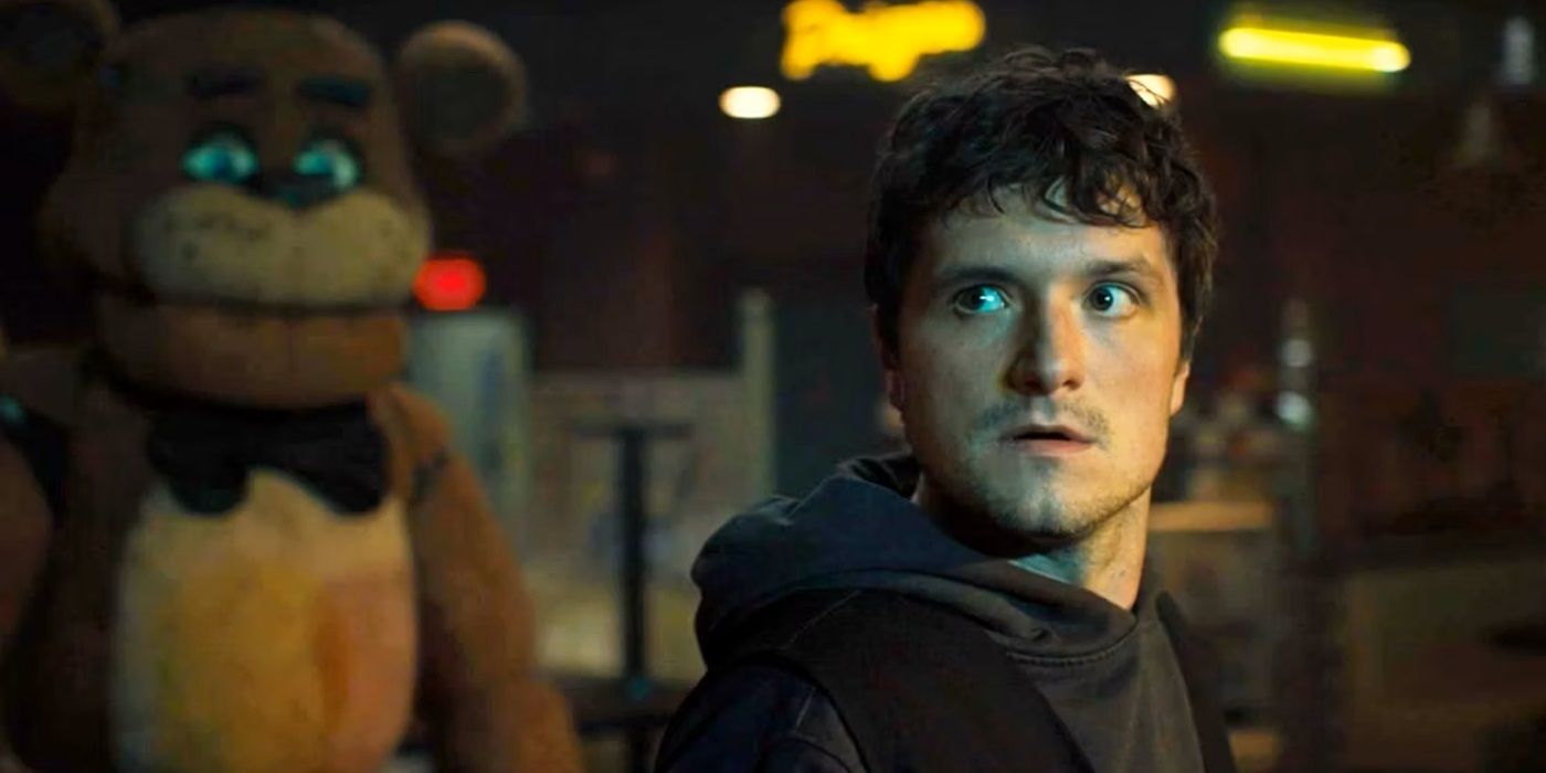Josh Hutcherson as Mike looking scared in Five Nights at Freddy's.