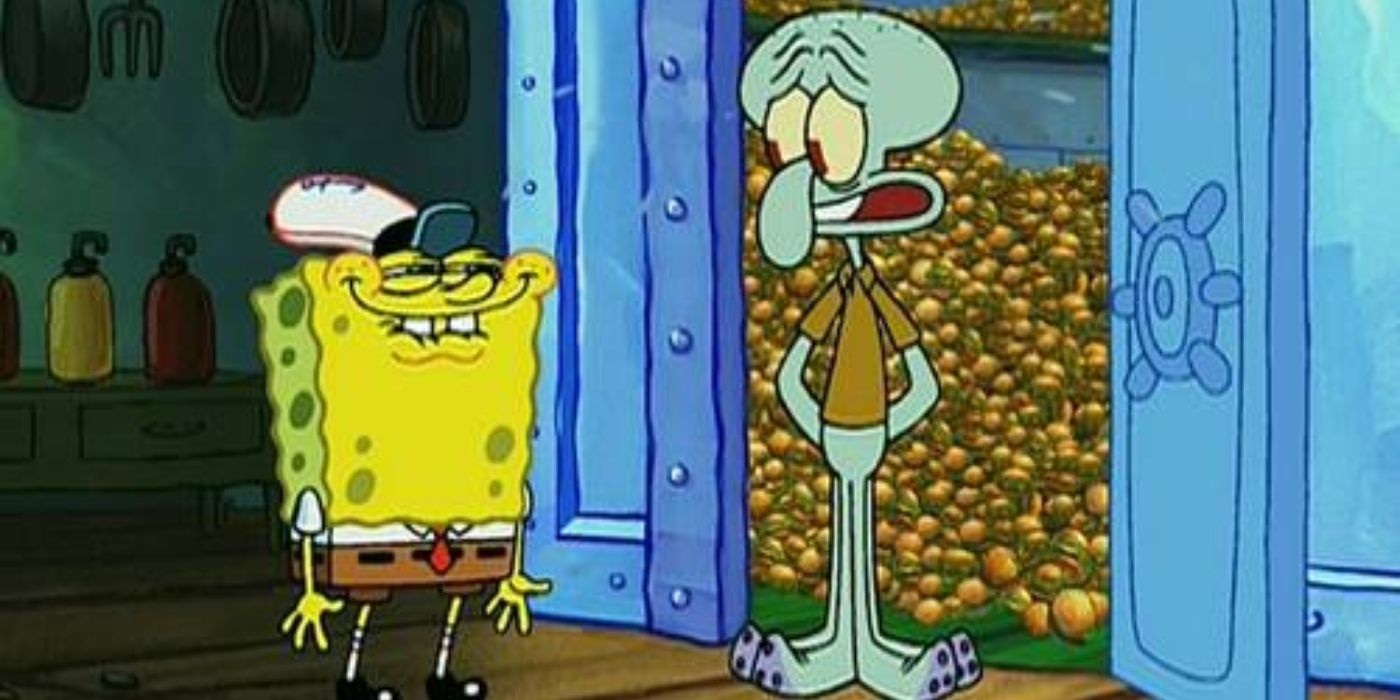 Spongebob and Squidward in front of a krabby patty vault
