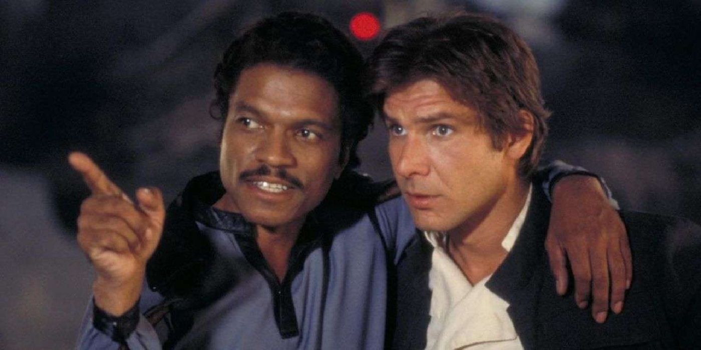 Lando with his arm around Han Solo in Star Wars The Empire Strikes Back