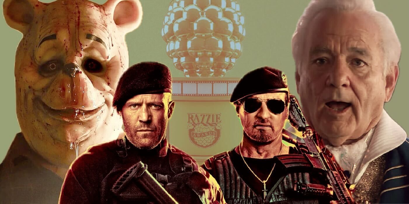 Winnie the Pooh, Jason Statham and Sylvester Stallone and Bill Murray with Razzie background