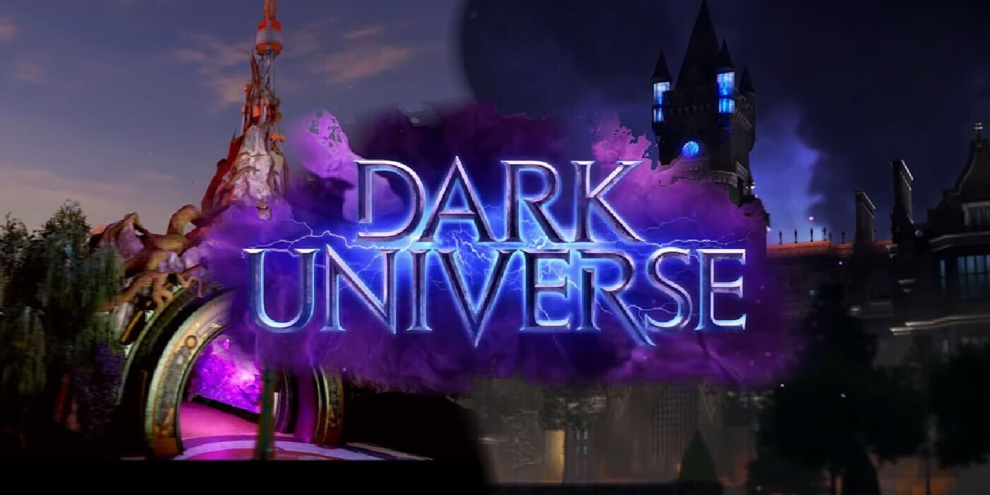 Dark Universe logo over images of a creepy arch and mansion