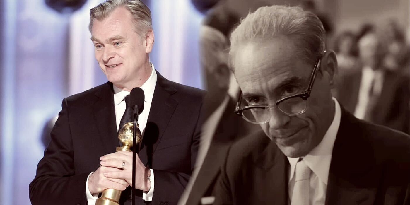 Christopher Nolan Receiving his Golden Globe and Robert Downey Jr. as Lewis Strauss in Oppenheimer