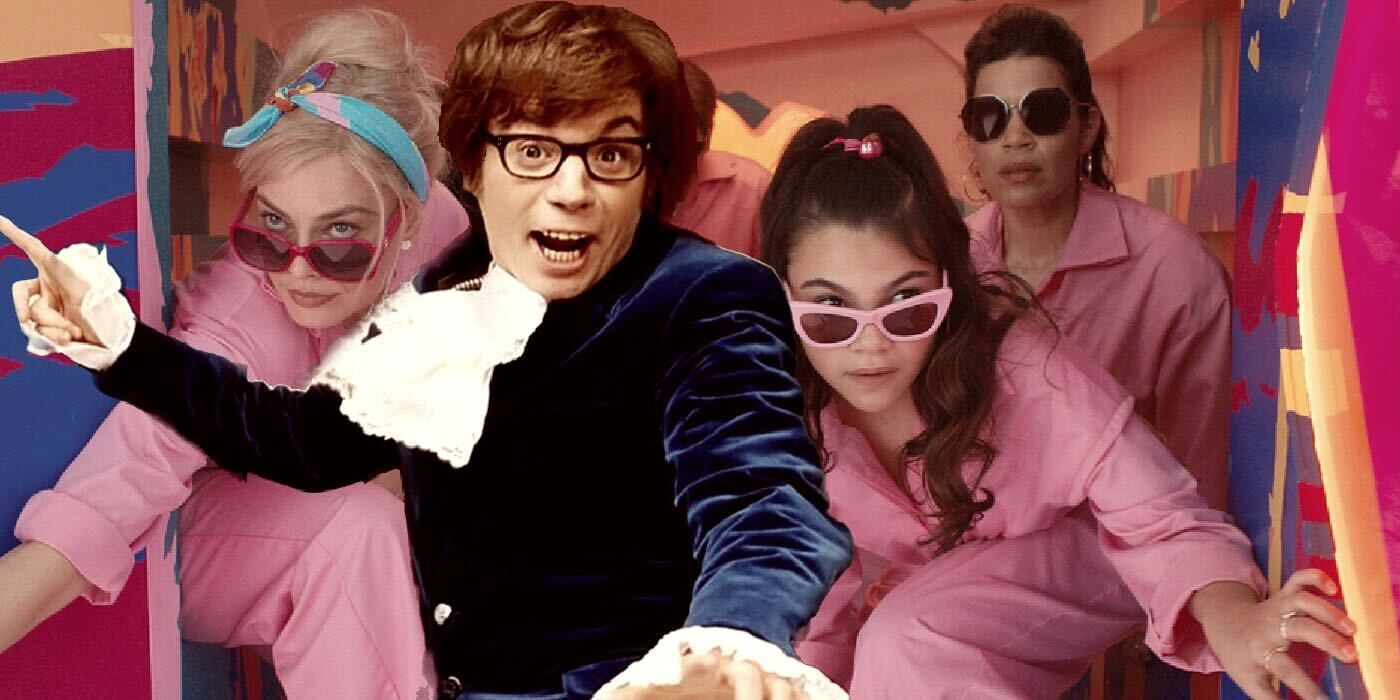 Margot Robbie and the cast of Barbie with Mike Myers as Austin Powers