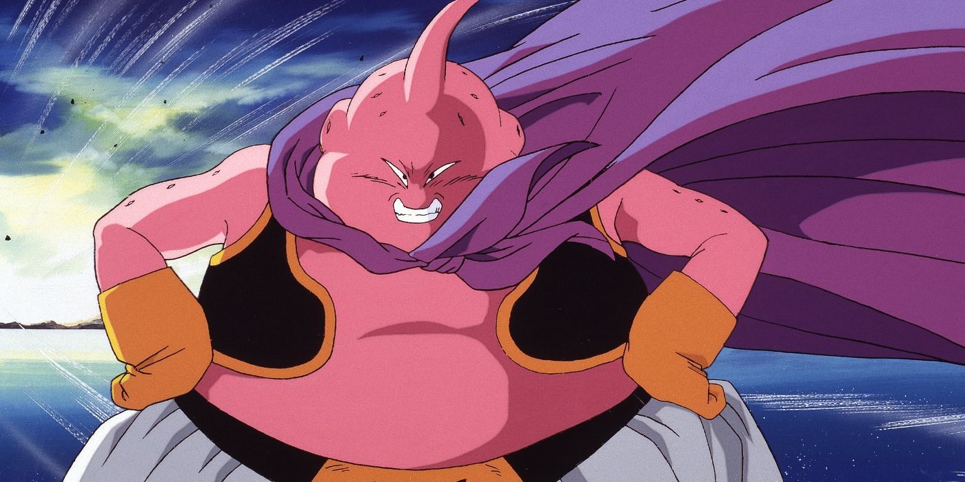 Majin Boo, a pink alien with a black vest and purple cape, stands proudly in Dragon Ball Z Kai