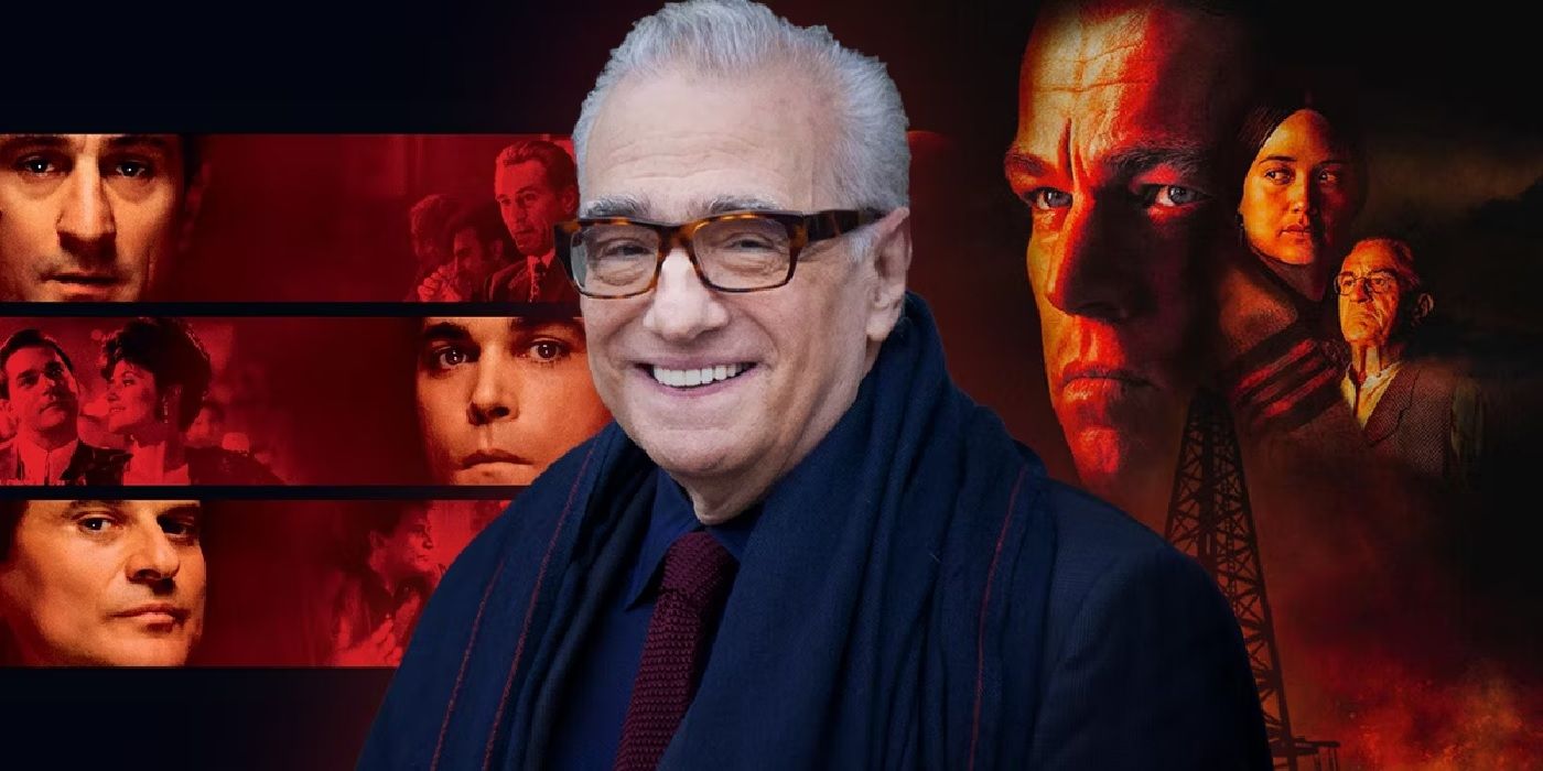Martin Scorsese with some of his iconic movies behind him.