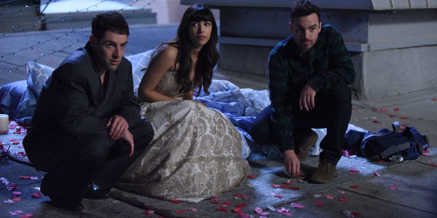 Max Greenfield, Hannah Simone, and Jake Johnson as Schmidt, Cece, and Nick in New Girl Valentine's Day episode