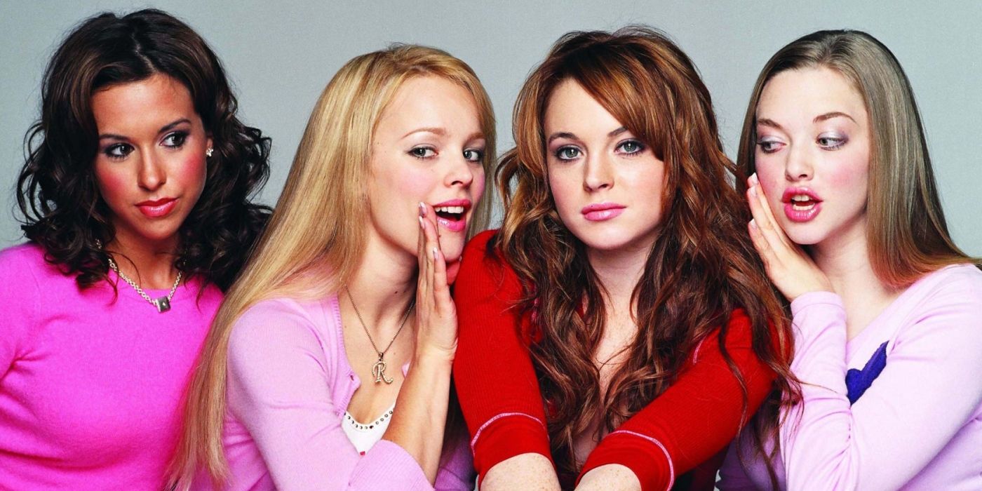 Lindsay Lohan as Cady, Rachel McAdams as Regina, Amanda Seyfried as Karen, and Lacey Chabert as Gretchen in Mean Girls