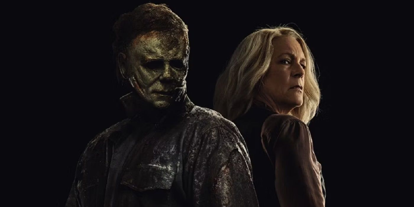Michael Myers and Jamie Lee Curtis as Laurie Strode back to back in Halloween Ends