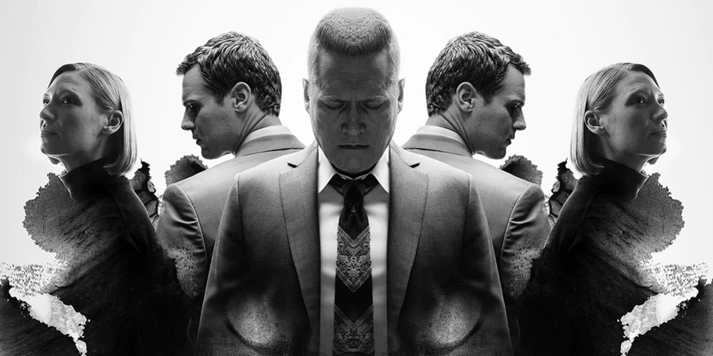 Holt McCallany and the rest of the main cast of Mindhunter in a Rorschach Test-style image.