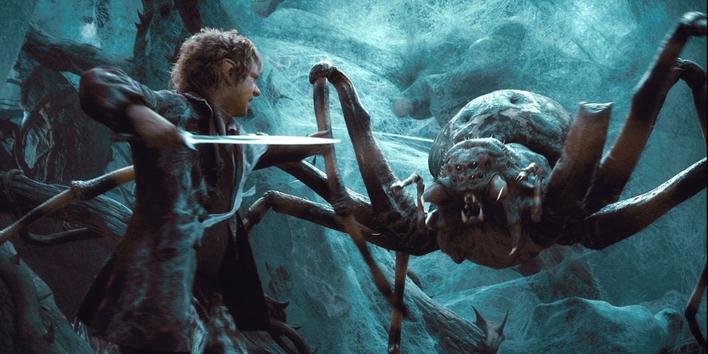 Martin Freeman as Bilbo Baggins fights a giant spider