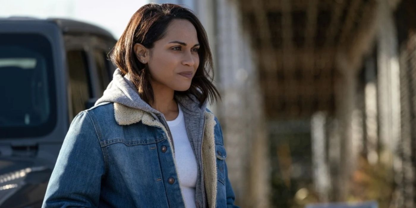 Monica Raymund as Jackie in Hightown looking off-screen and smiling