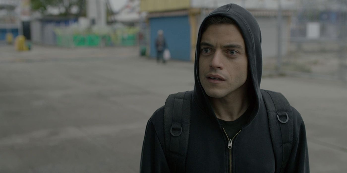 Rami Malek as Elliot, wearing a black hoodie, in Mr. Robot