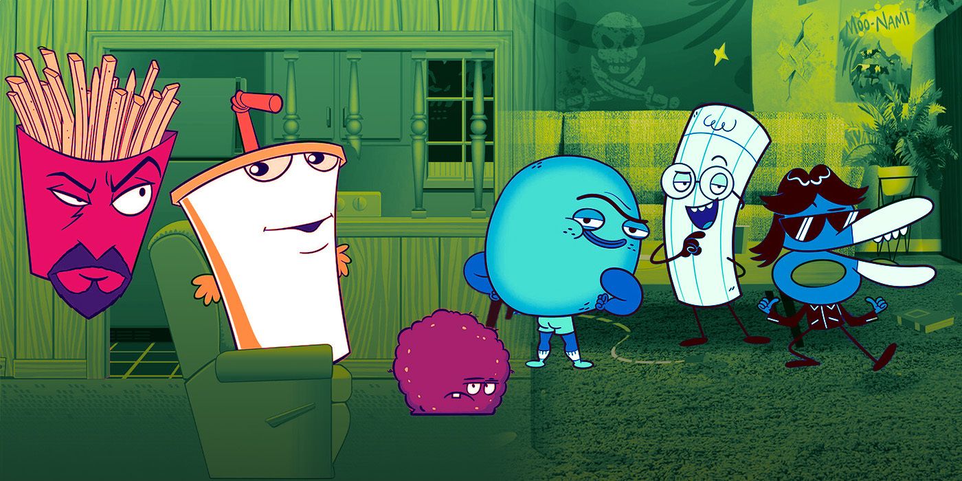 Characters from both Rock Paper Scissors and Aqua Teen Hunger Force next to each other in an edited image