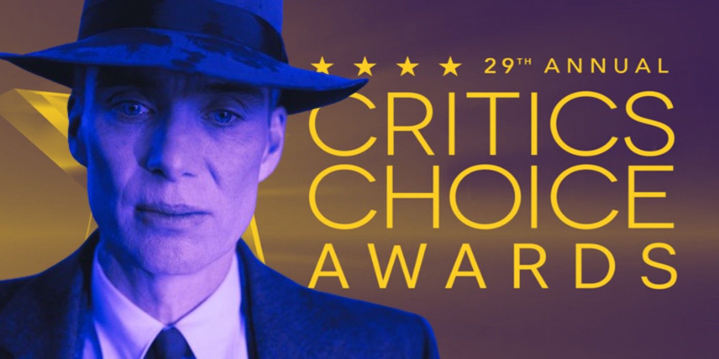 Cillian Murphy in Oppenheimer alongside the Critics Choice Awards official logo.