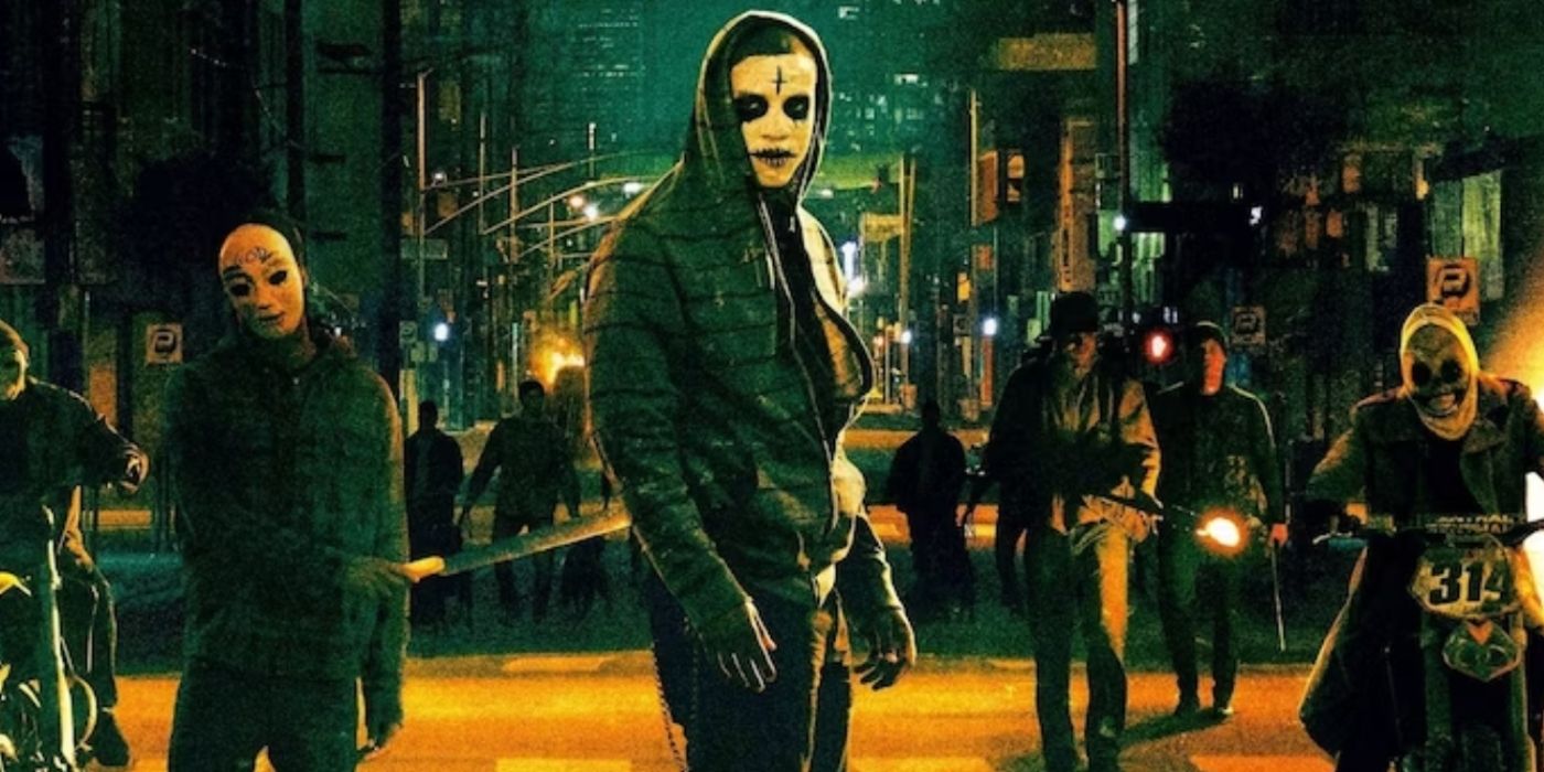 Poster depicting Purgers with scary faces in The Purge: Anarchy