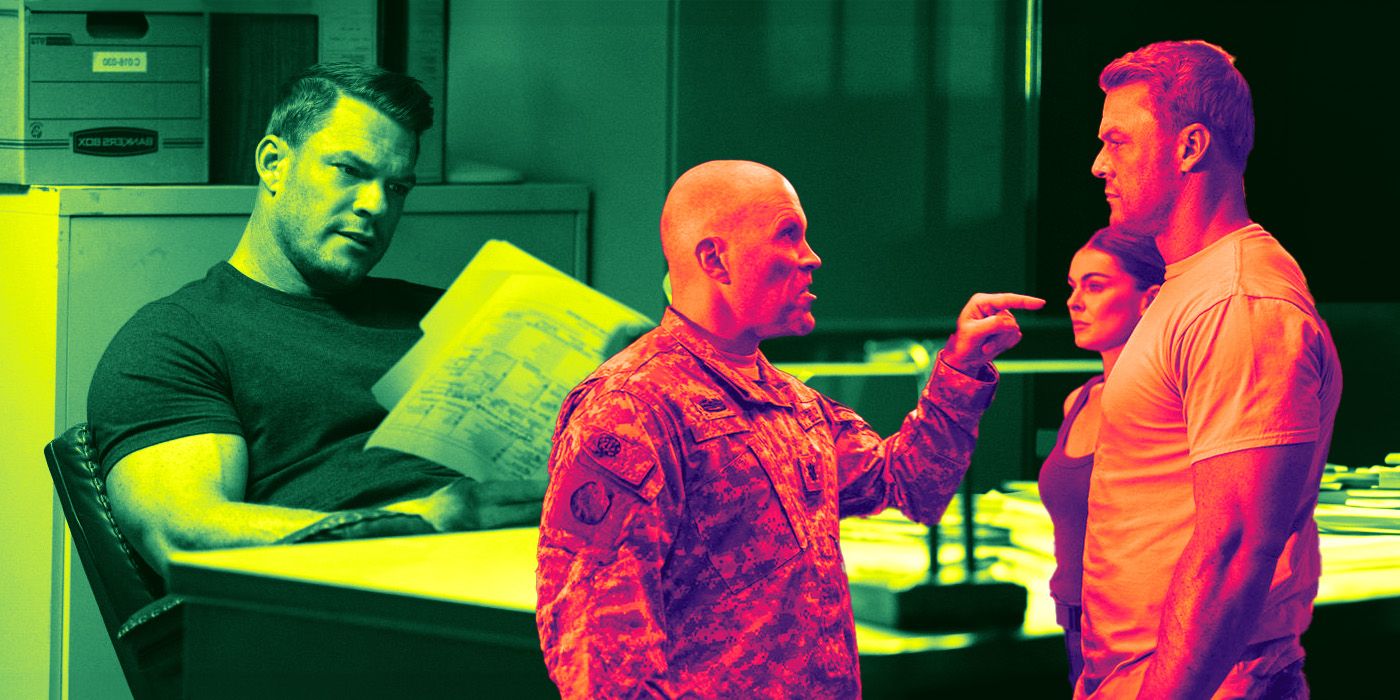 Alan Ritchson as Jack Reacher at a desk and speaking to a military officer with Serinda Swan as Karla in Reacher