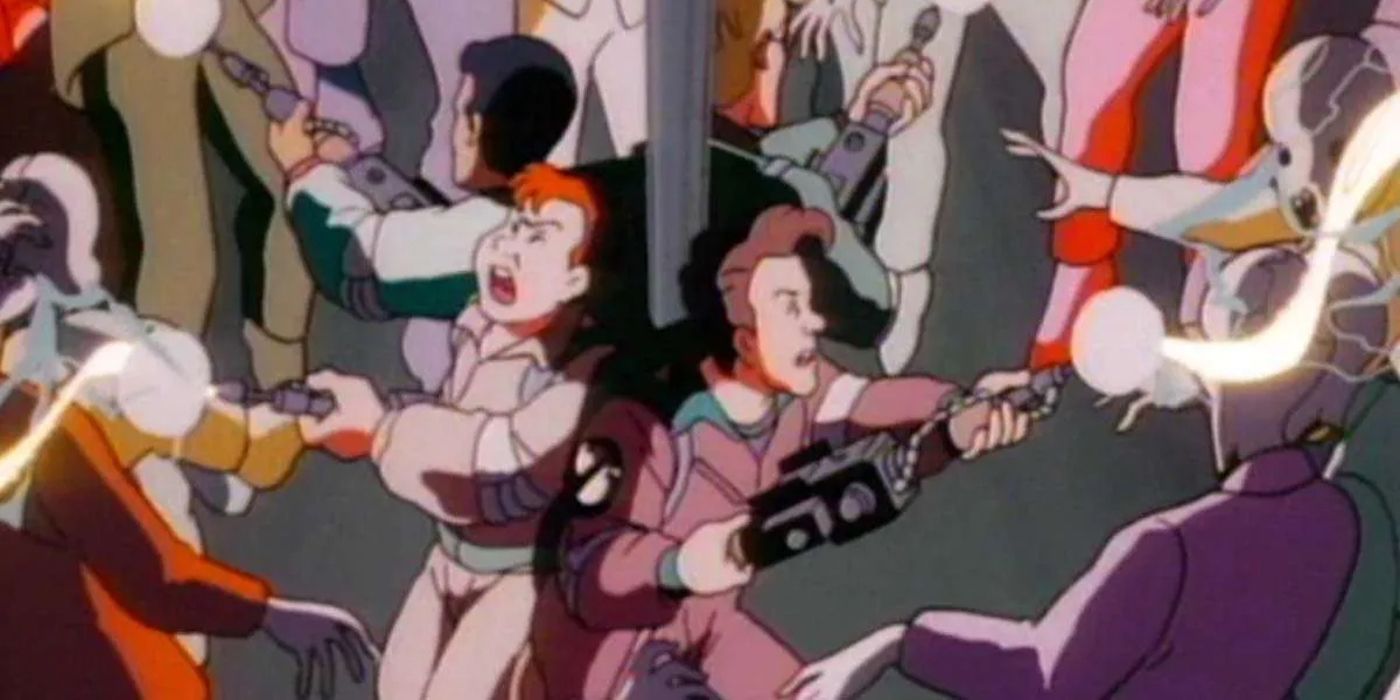 Ray and Peter shoot ghosts in The Real Ghostbusters