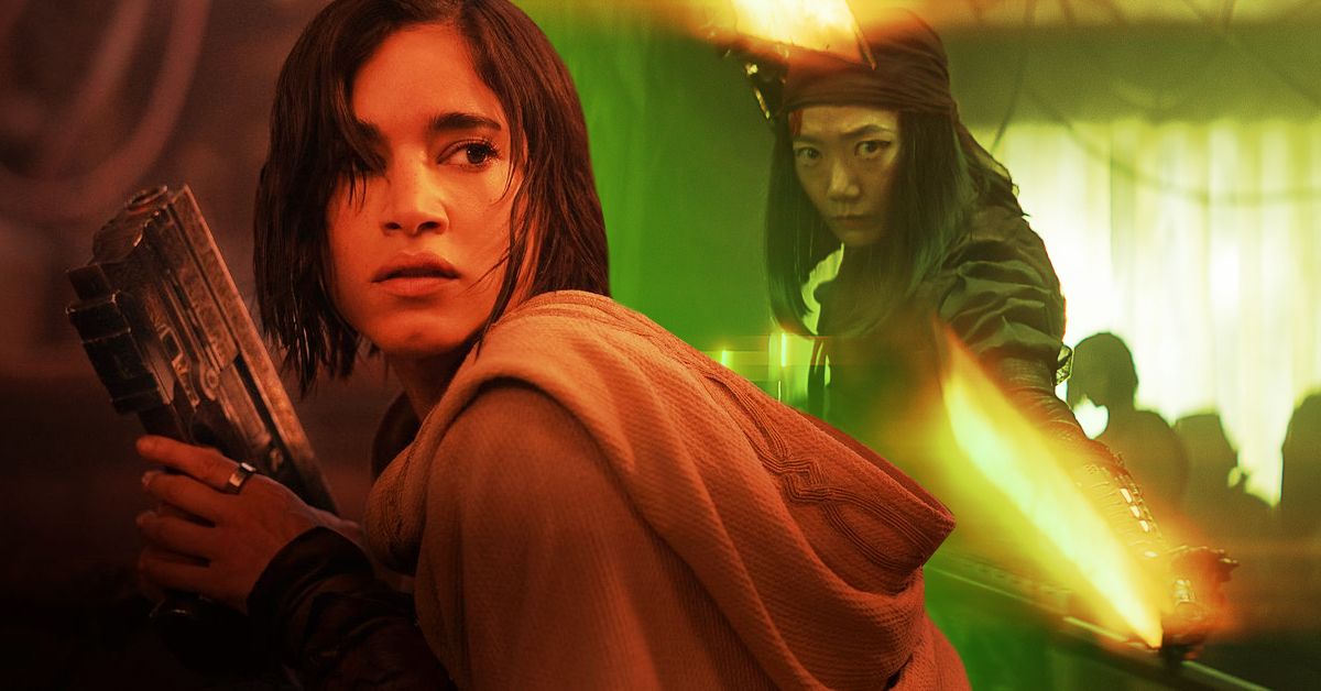 Sofia Boutella as Kora holding a gun, and Bae Doona as Nemesis holding a light sword in Zack Snyder's Rebel Moon