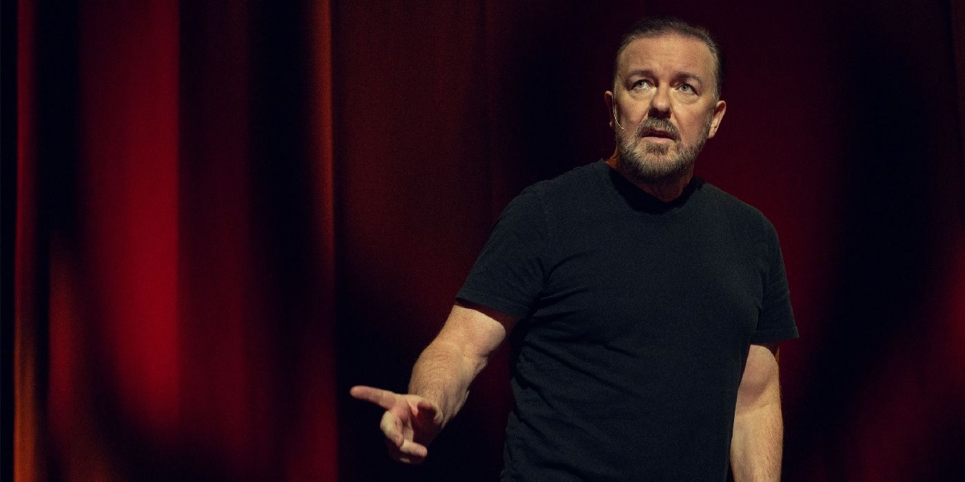Ricky Gervais pointing the finger in his Netflix stand-up special