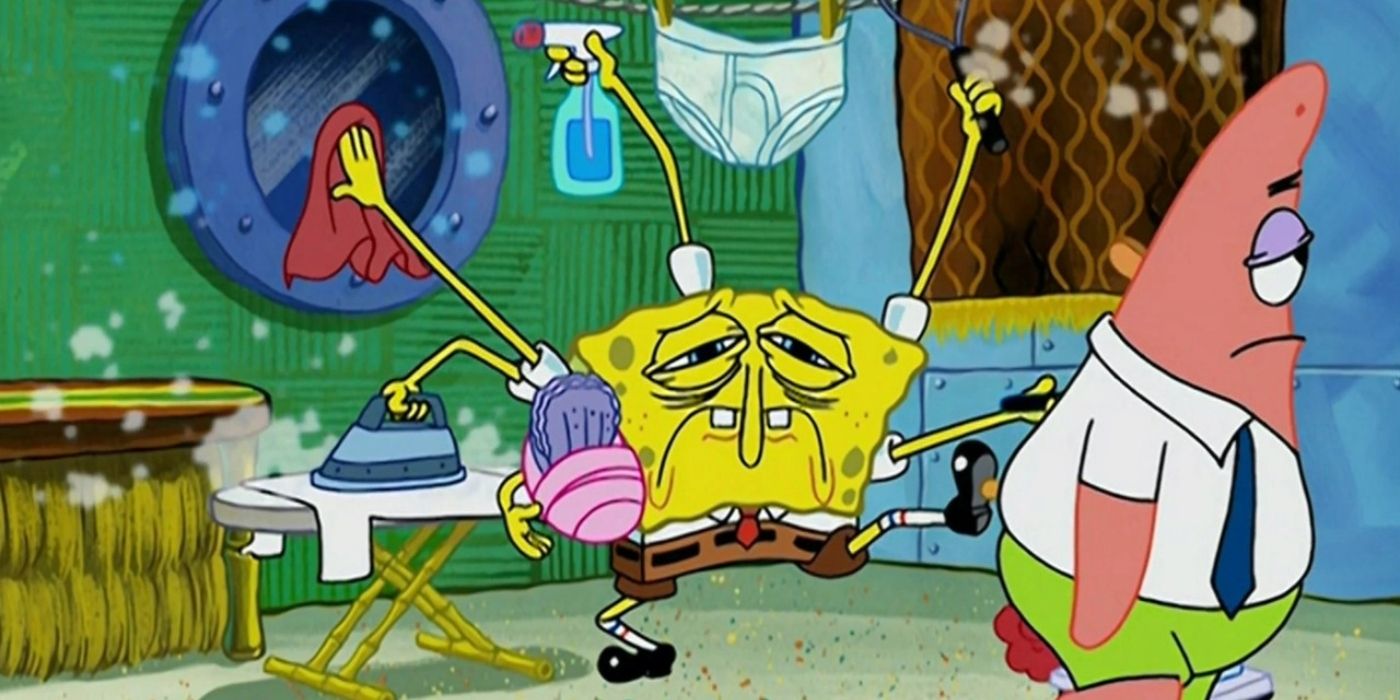 SpongeBob literally stretched thin as he does chores and Patrick looking depressed in Rock-a-bye Bivalve