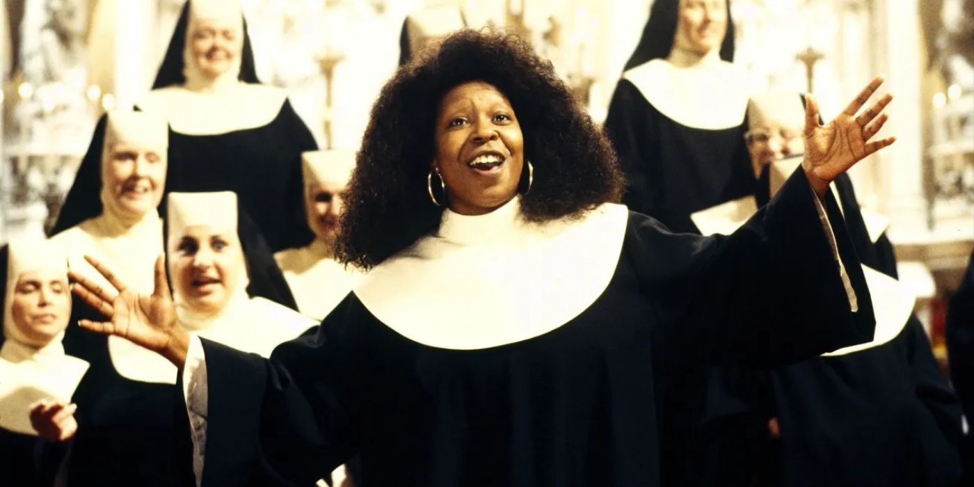 Whoopi Goldberg as Deloris, dressed as a nun and singing in a choir of nuns