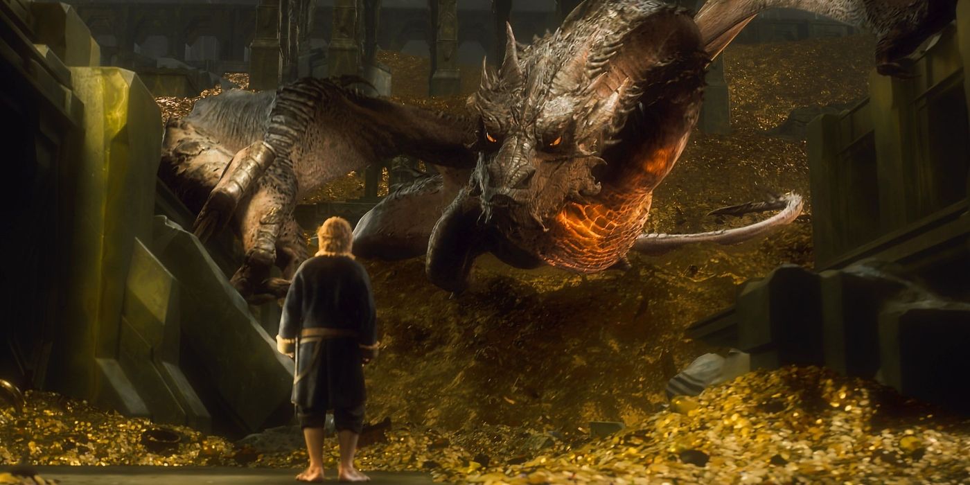 Smaug staring down Bilbo in The Hobbit