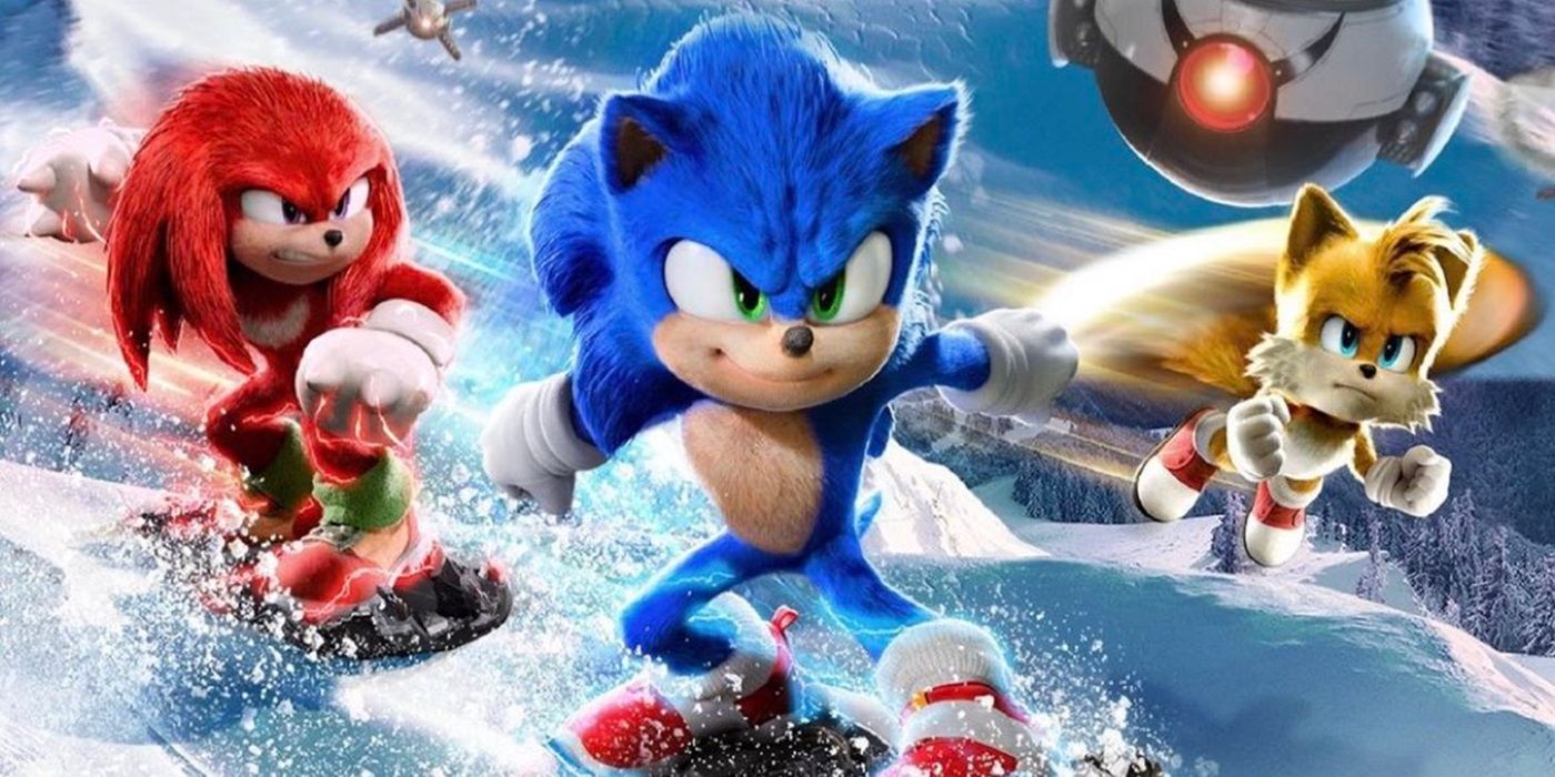 Sonic, Knuckles, and Tails snowboarding in Sonic the Hedgehog 2.