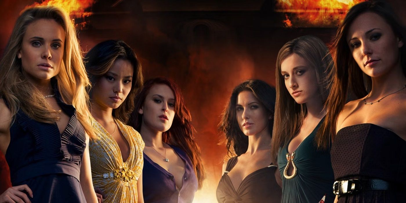 Sorority Row's glamourous female stars against a fiery background