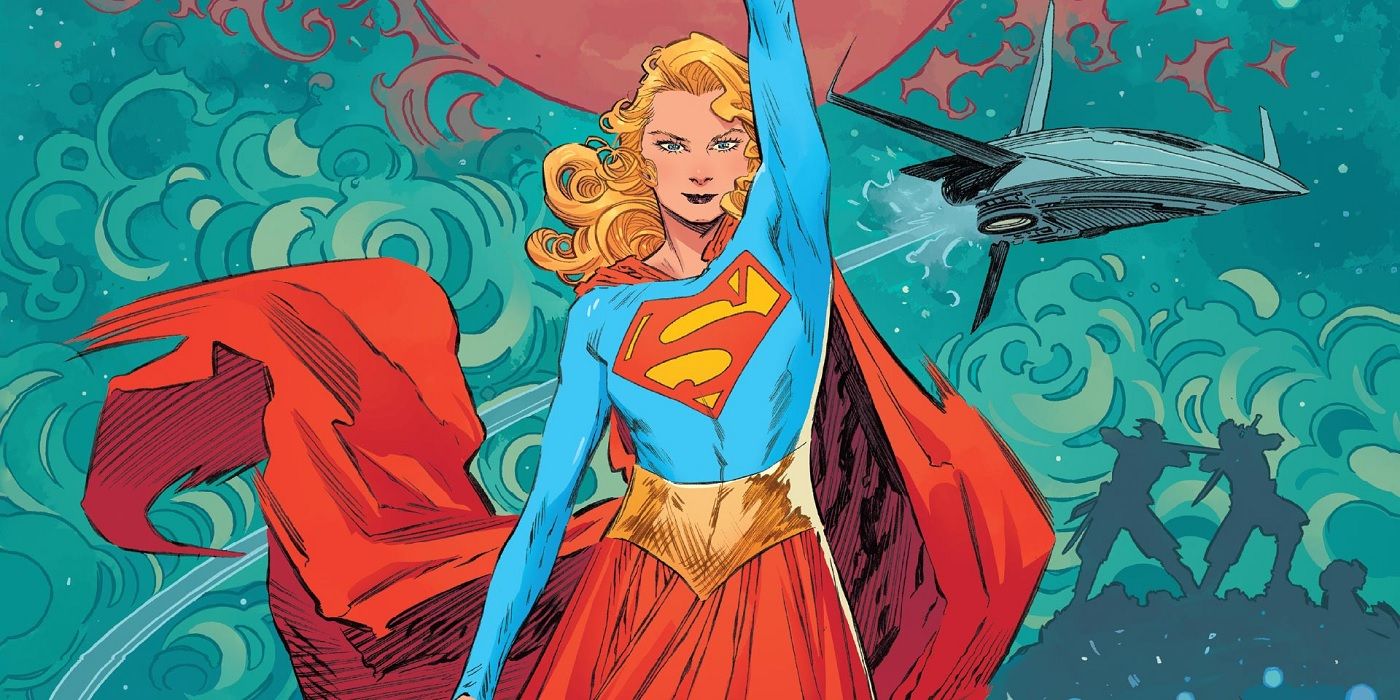 Supergirl Woman of Tomrrrow comic book art with Supergirl in the center with arm raised
