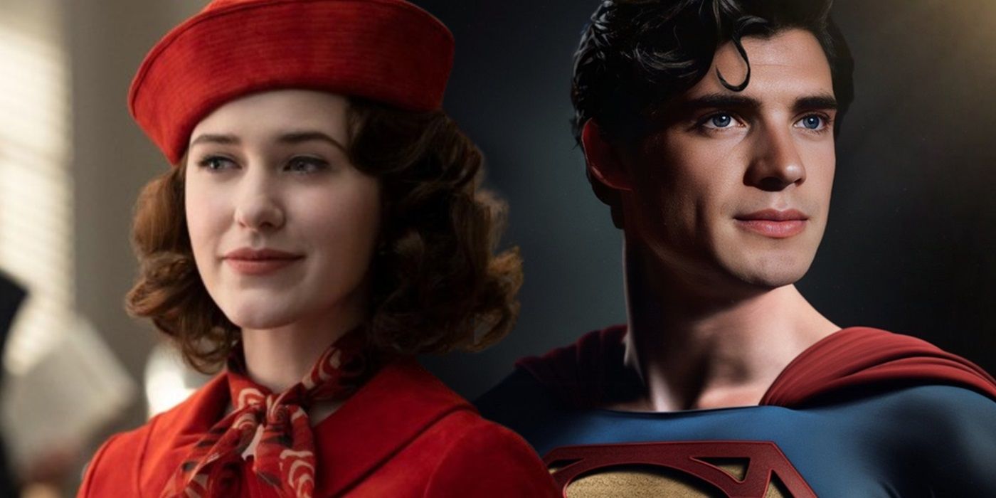 Rachel Brosnahan in The Marvelous Mrs. Maisel and artwork of David Corenswet as Superman by DCU Updates.