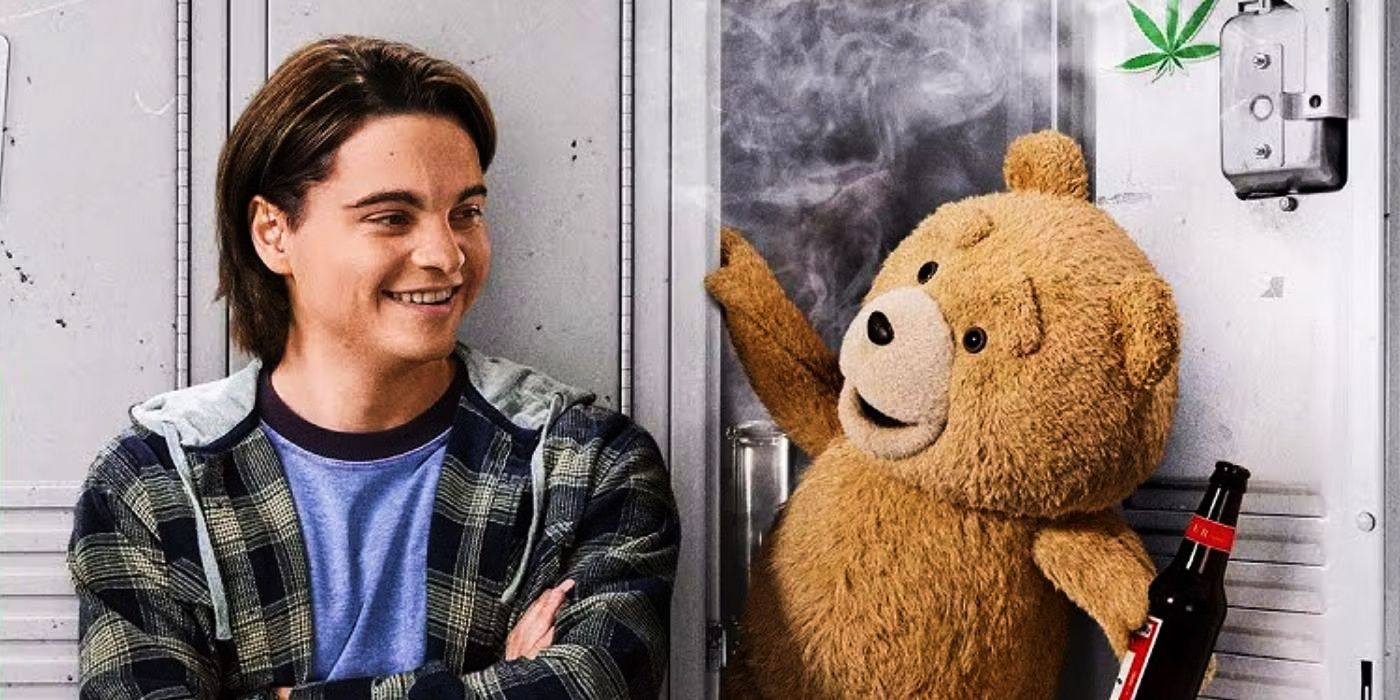 Ted with a beer in a locker next to Max Burkholder as John in the Ted Peacock series
