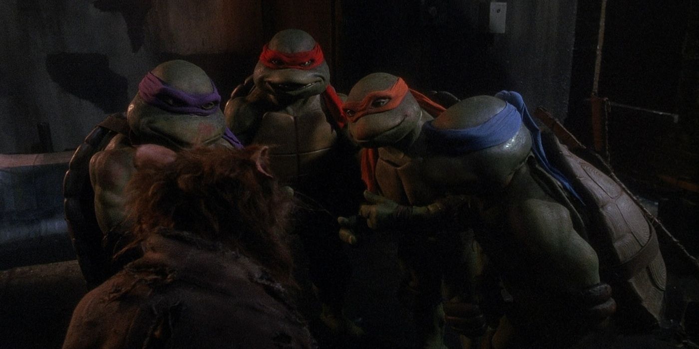 As tartarugas e Splinter em Teenage Mutant Ninja Turtles (1990)