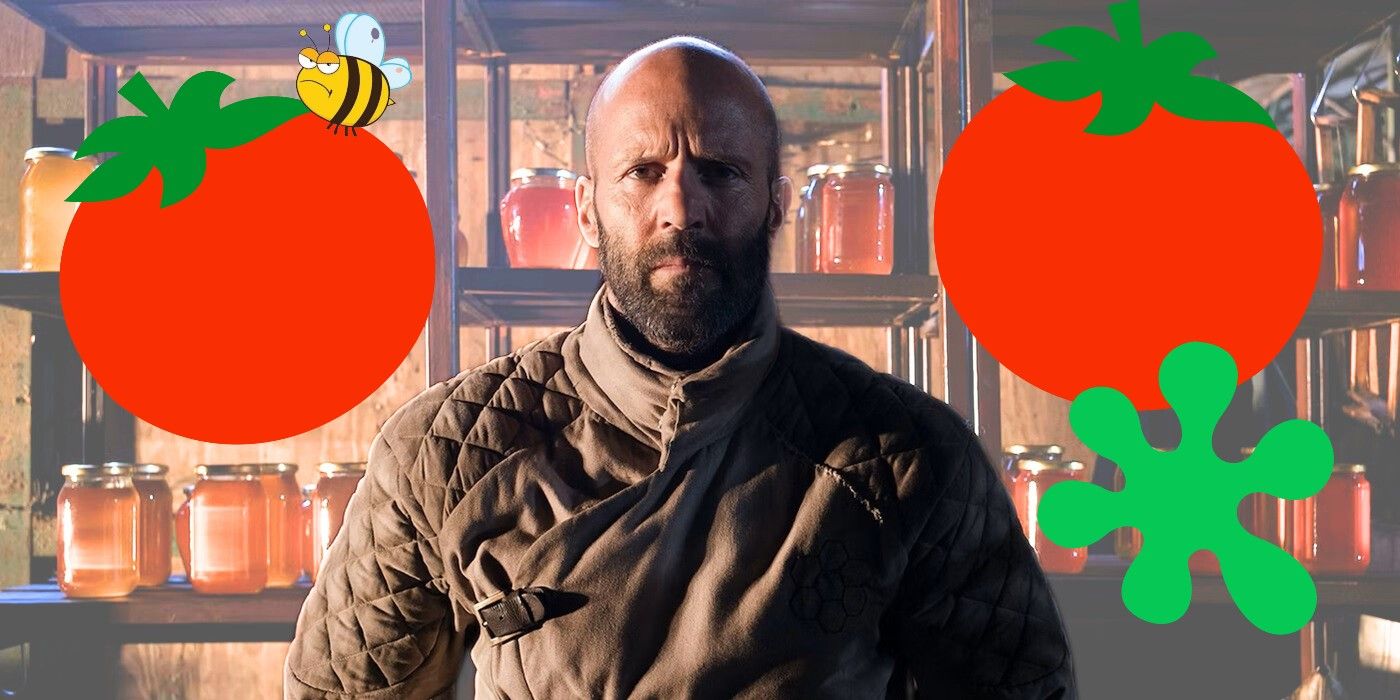 Jason Statham in The Beekeeper alongside Rotten Tomatoes logos and an angry bee.