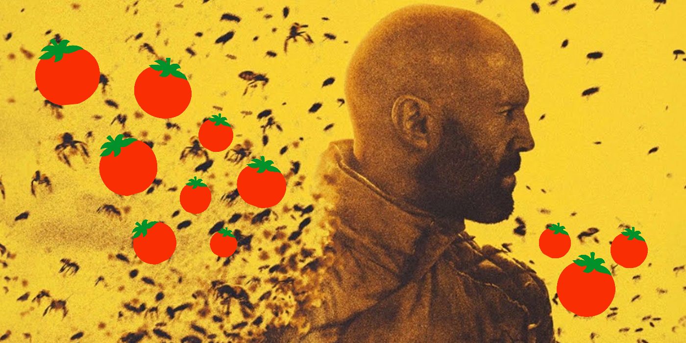 Jason Statham in The Beekeeper flocked by bees and tomatoes.