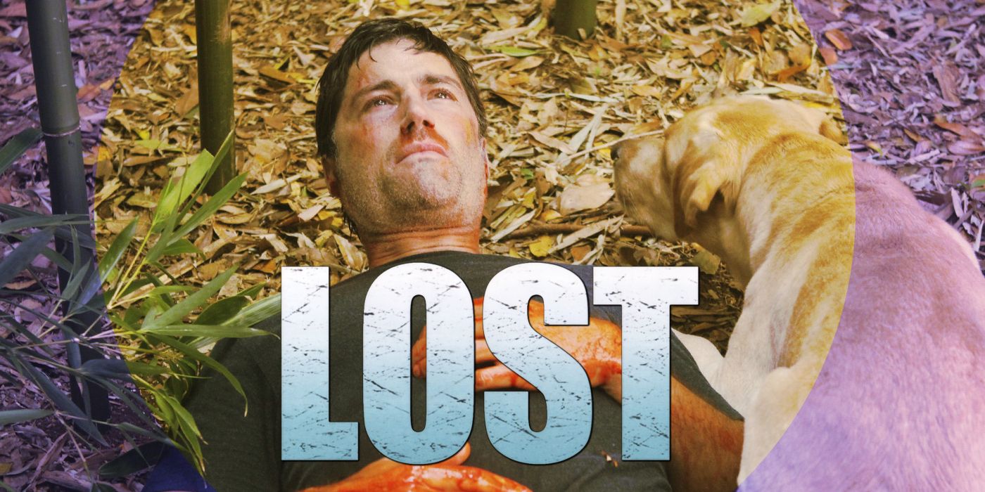 An edited image of Lost, in which a bloodied man lies on a forest floor, with a dog curled up next to him