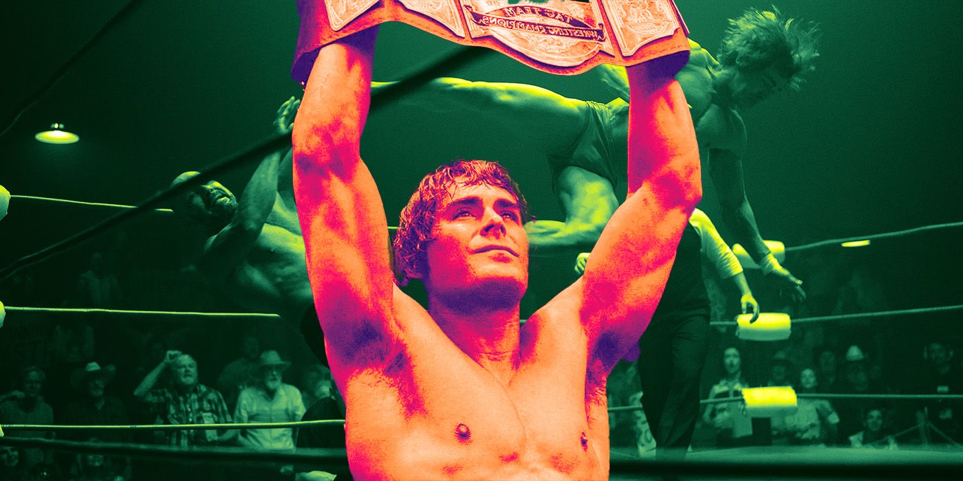 Zac Efron holding up a wrestling belt and performing in the ring as Kevin Von Erich in The Iron Claw