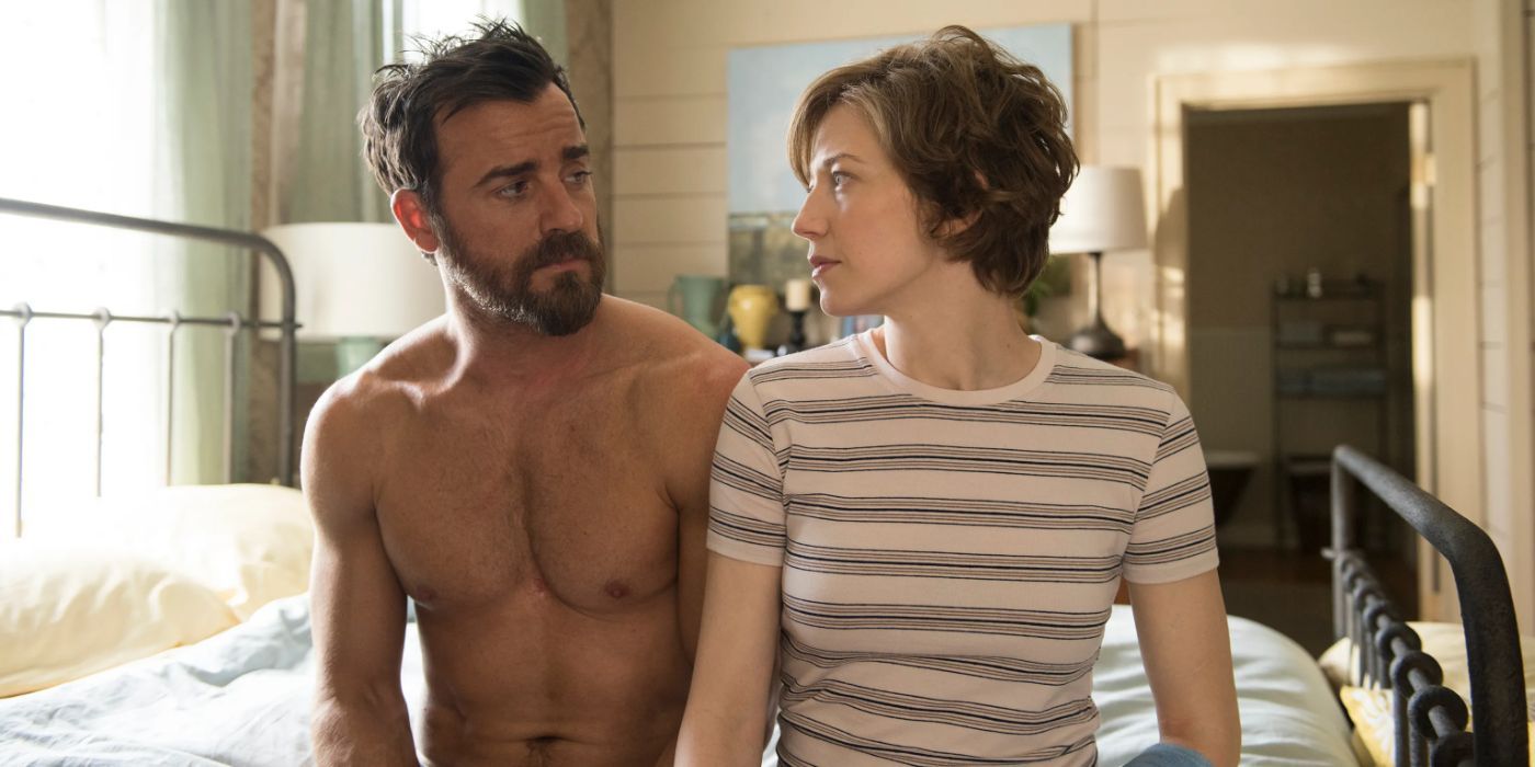 Carrie Coon as Nora Durst sitting on a bed next to a shirtless Justin Theroux as Kevin Garvey