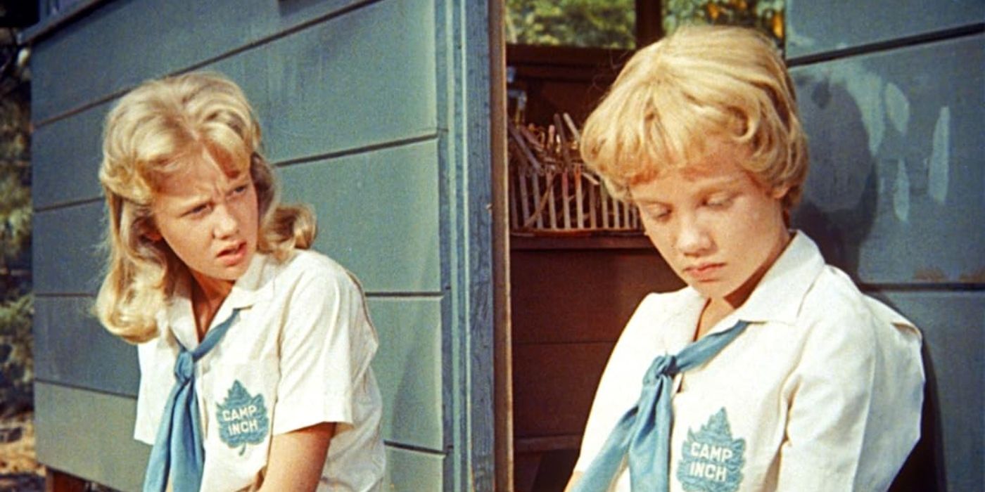 Hayley Mills as twins, Sharon McKendrick and Susan Evers, wearing identical Camp Girl uniforms, in The Parent Trap