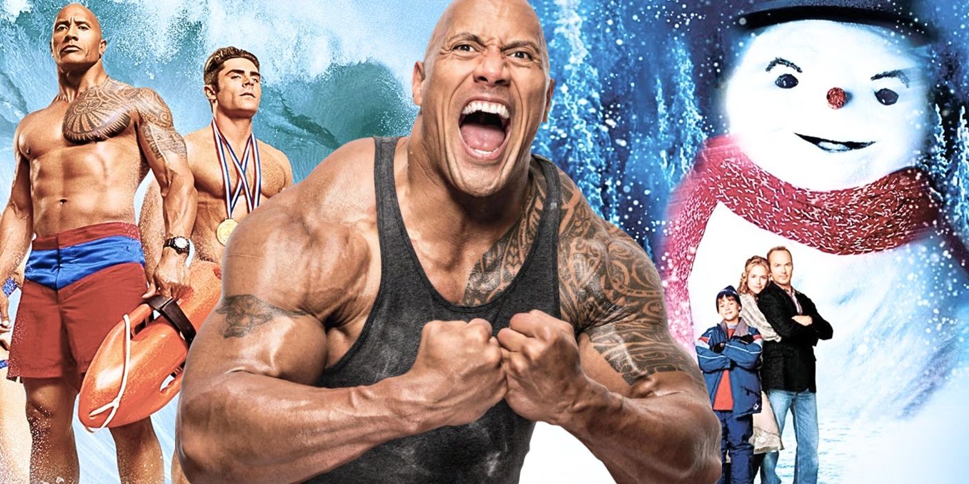 The Rock shouts amid stills from Baywatch and Jack Frost.