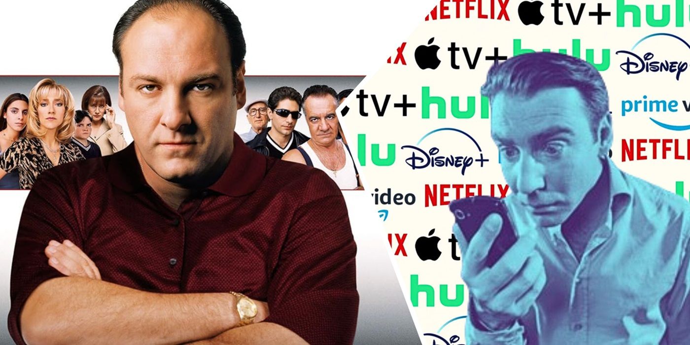 Tony Soprano alongside a man staring at his phone amid streaming service logos.
