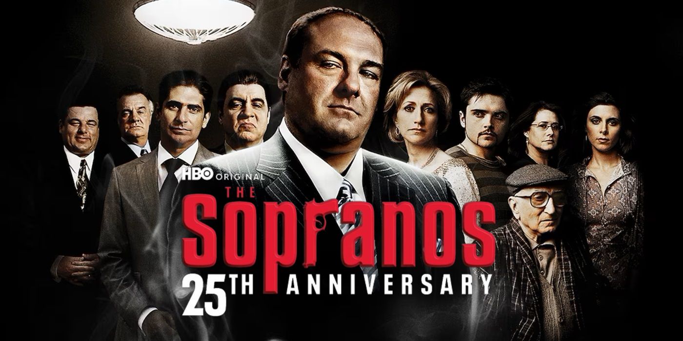 James Gandolfini stands in front of the main cast of The Sopranos.