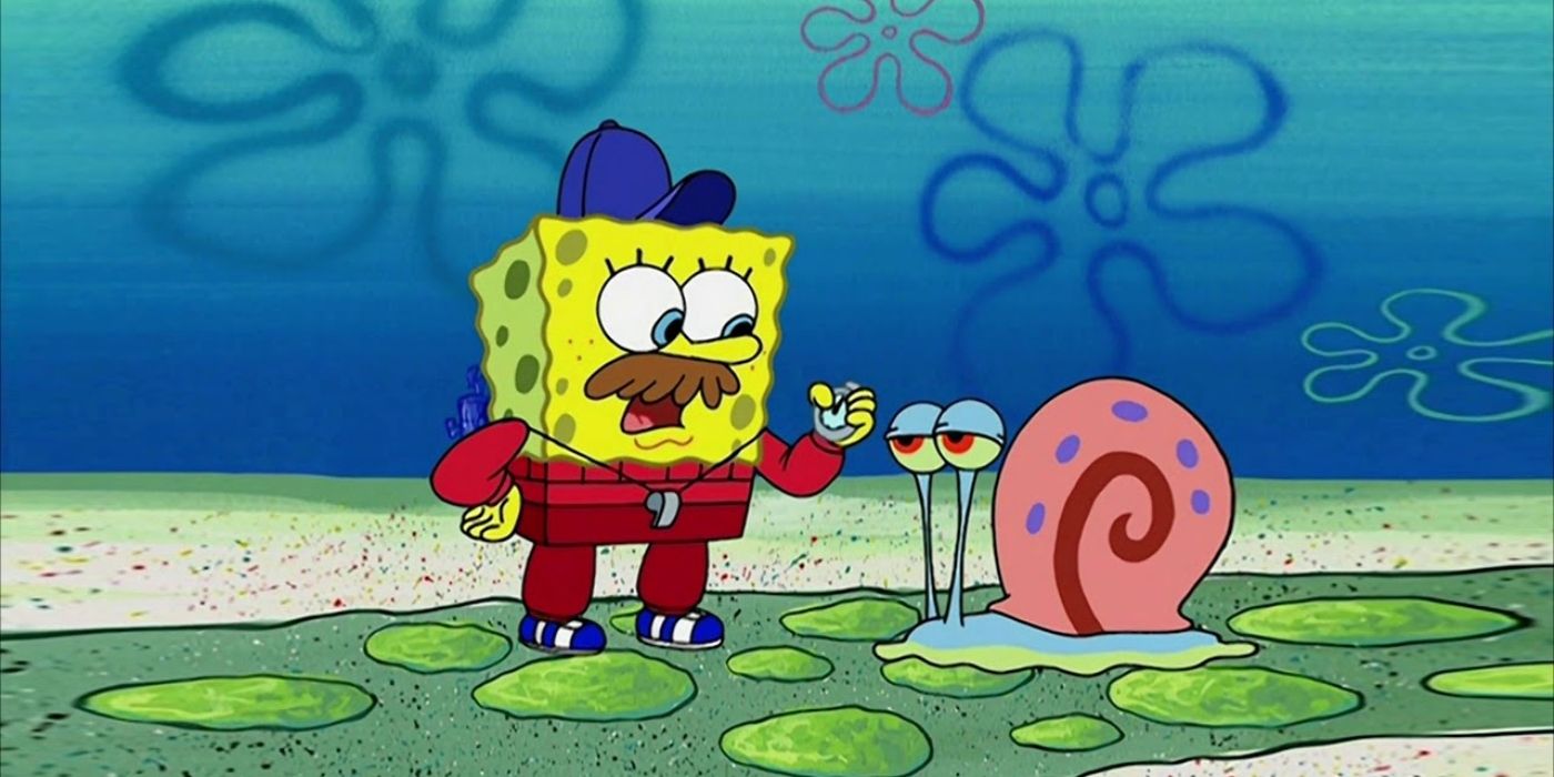 SpongeBob and Gary training for the Great Snail Race